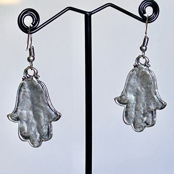 Handmade Hamsa Hand Turquoise Stone Earrings | Artisan Jewelry - Picture 3 of 4